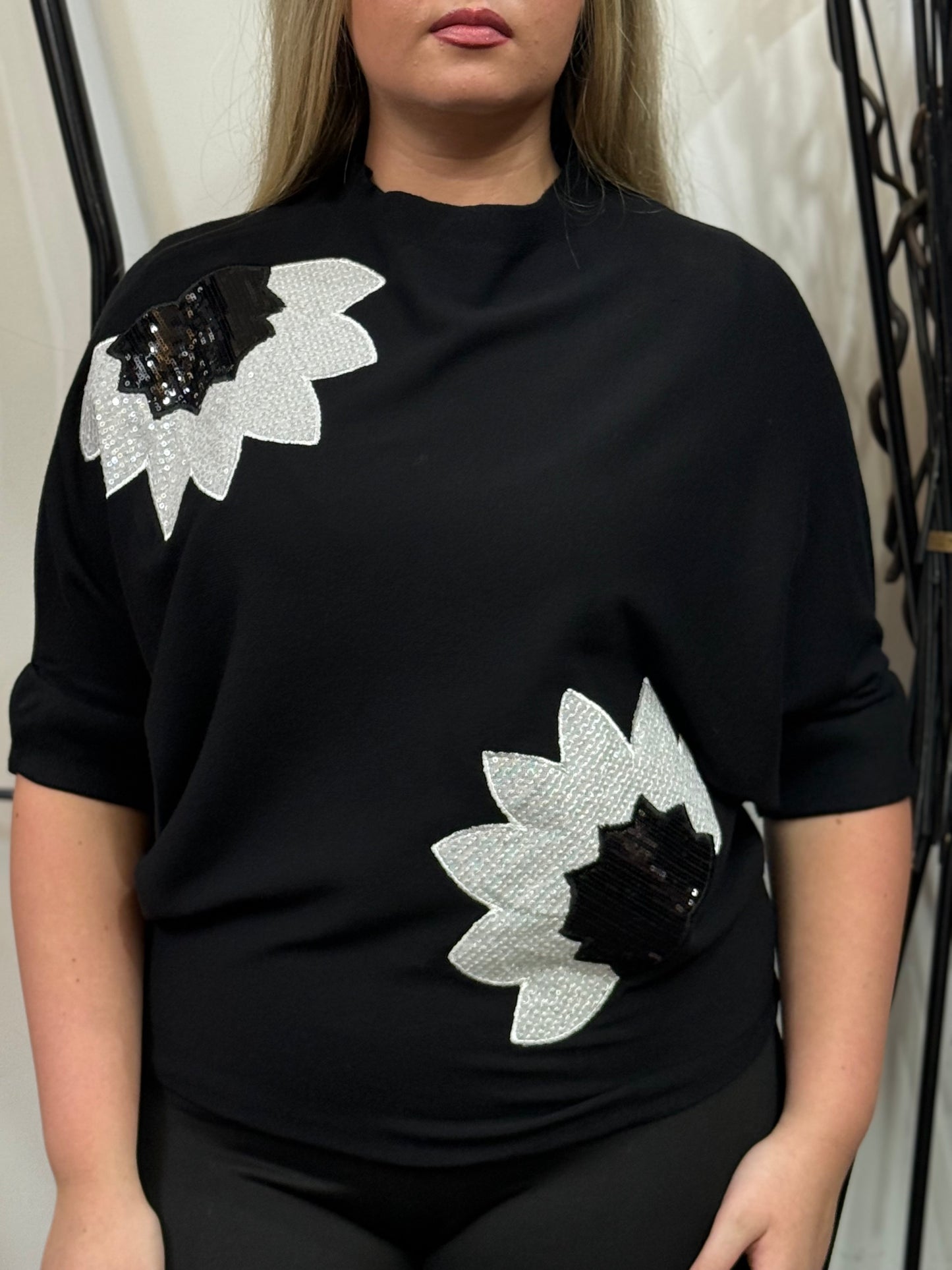 BROOKE-SEQUIN FLOWER KNIT TOP