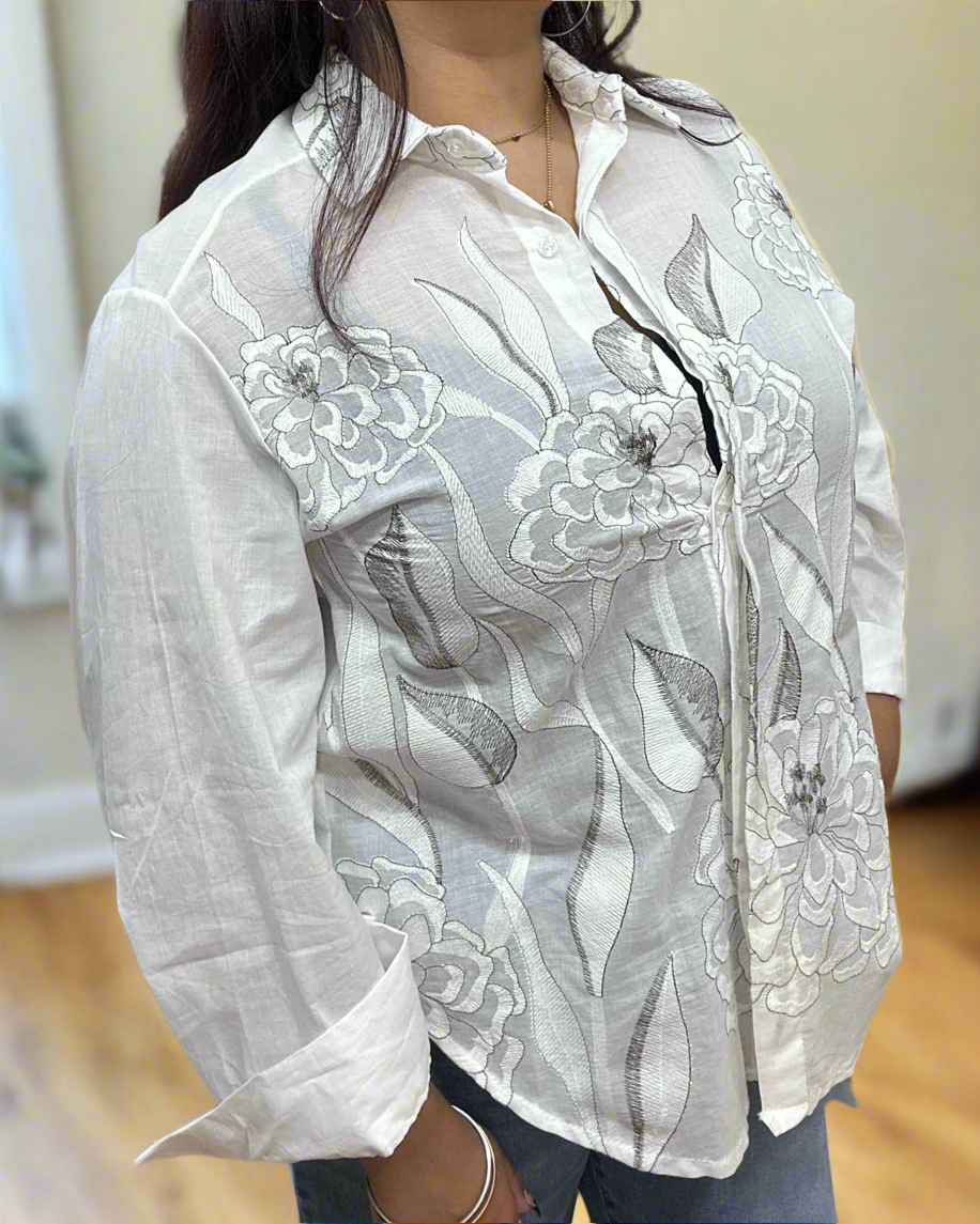 ZETA-BEIGE FLORAL EMBR SHIRT