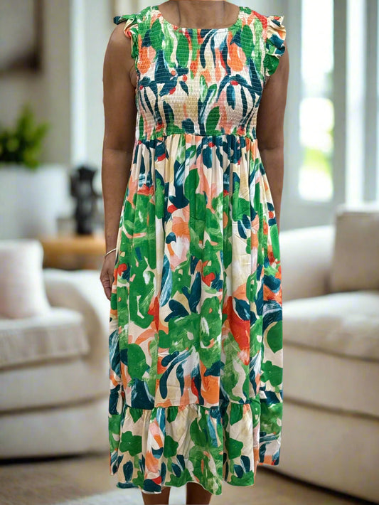 KASEY-PRINTED ROUCHED TOP MIDI DRESS