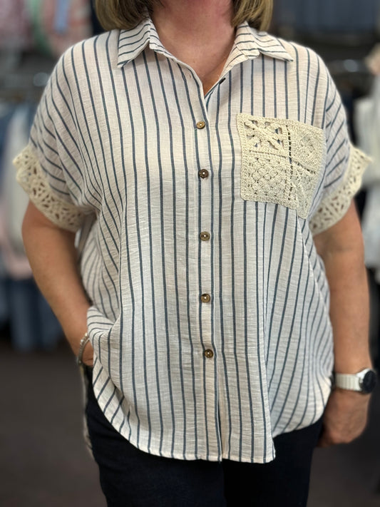 PINSTRIPE EMB DETAIL SHIRT