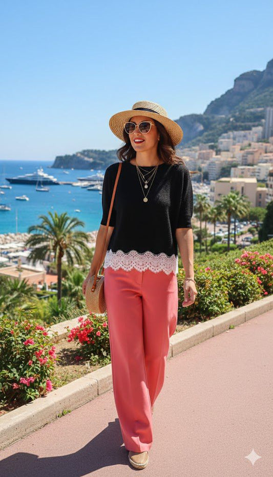 CARLY-LACE BOTTOM S/SLV KNIT TOP