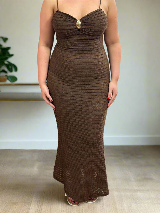 KATY-FITTED GOLD DETAIL LONG DRESS