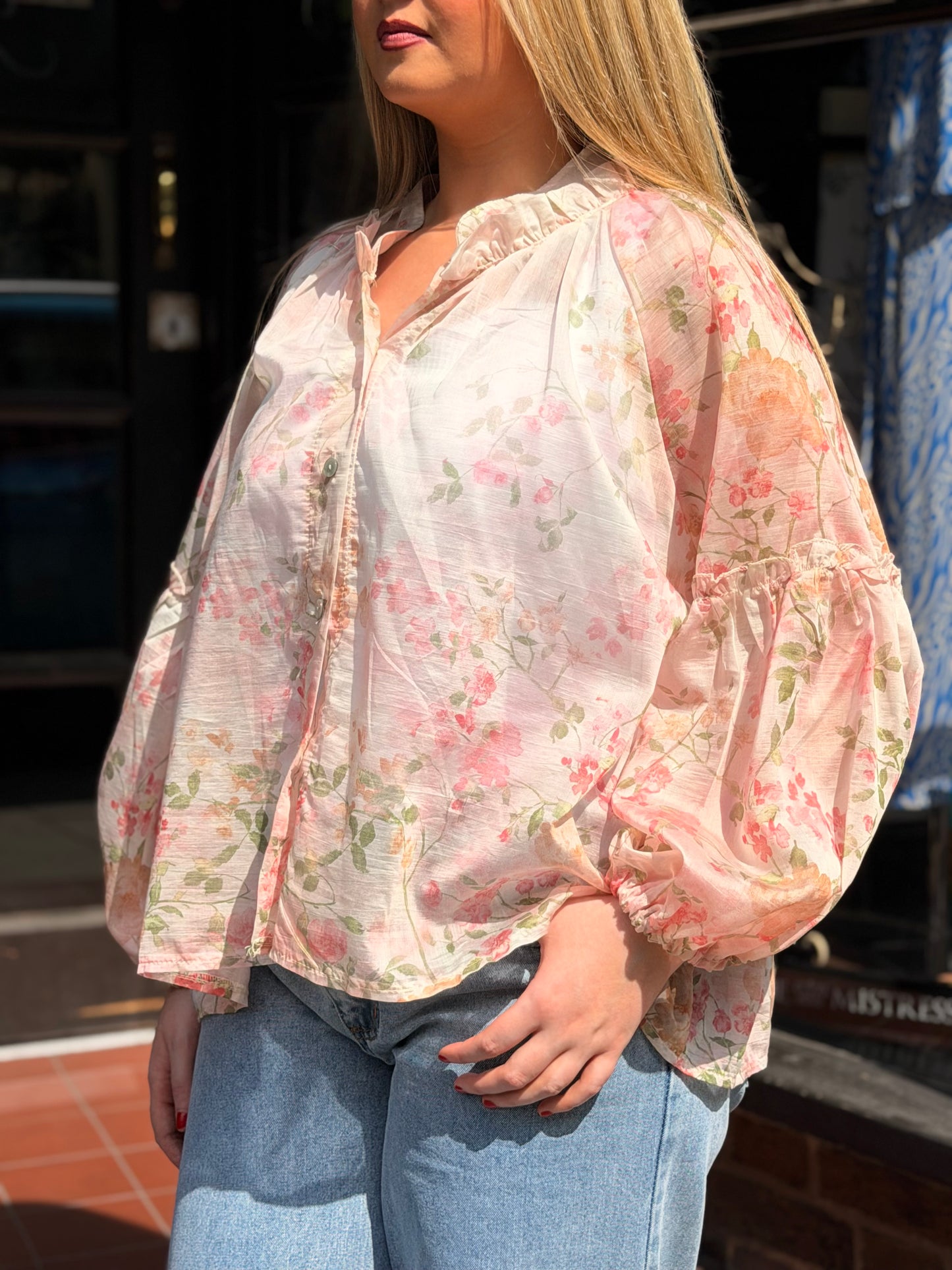 TERRY-TENCEL PRINTED FRILL SLV SHIRT