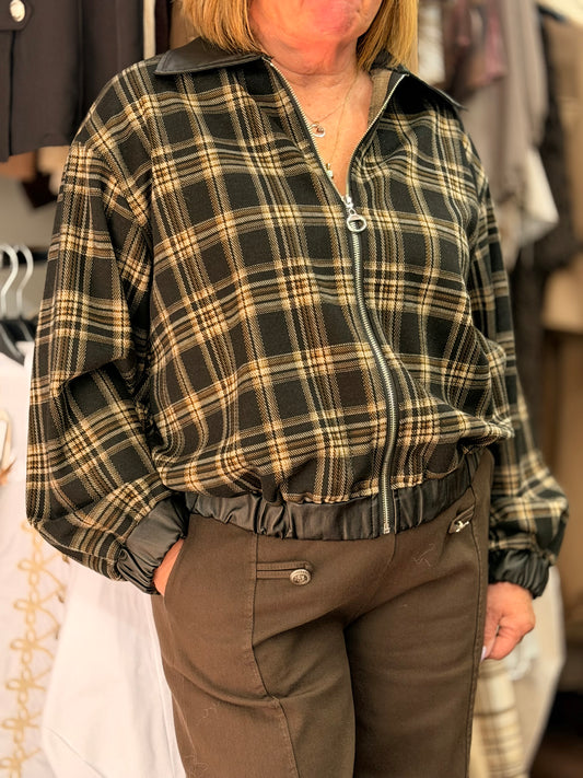 SYDNEY-PU COLLAR TWEED CHECK ZIP JACKET