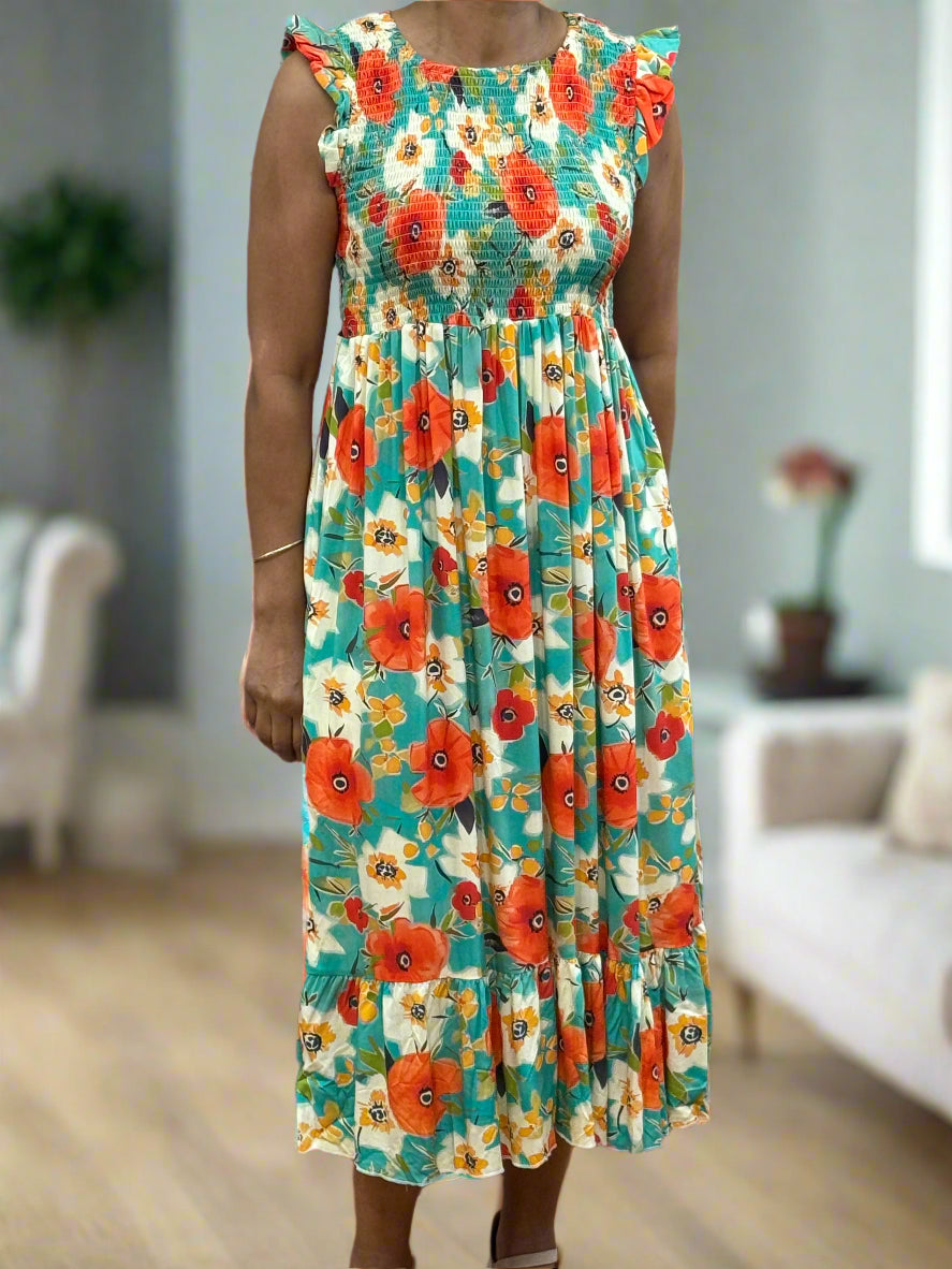 KASEY-PRINTED ROUCHED TOP MIDI DRESS