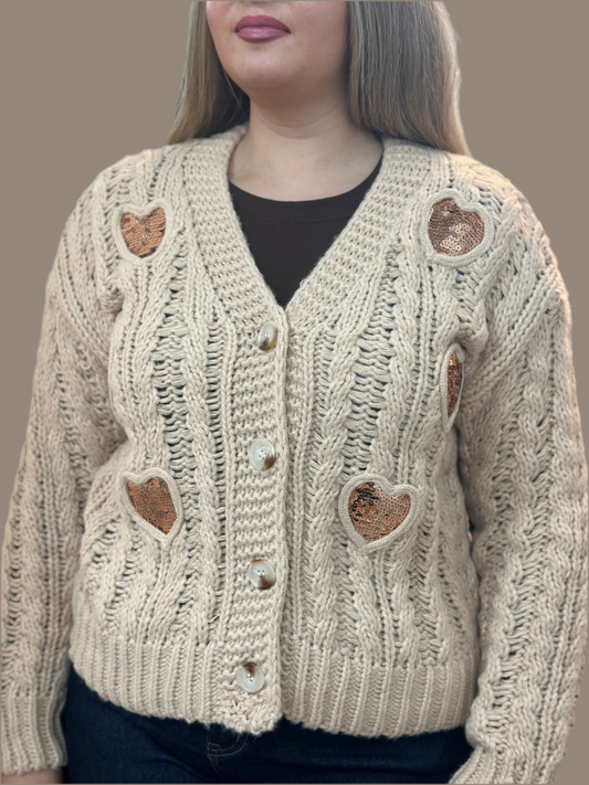 AVERY HAND KNIT SEQUIN HEARTS- CAMEL