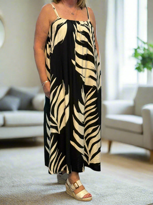 TAMARA -BLACK /CREAM LEAF STRAPPY