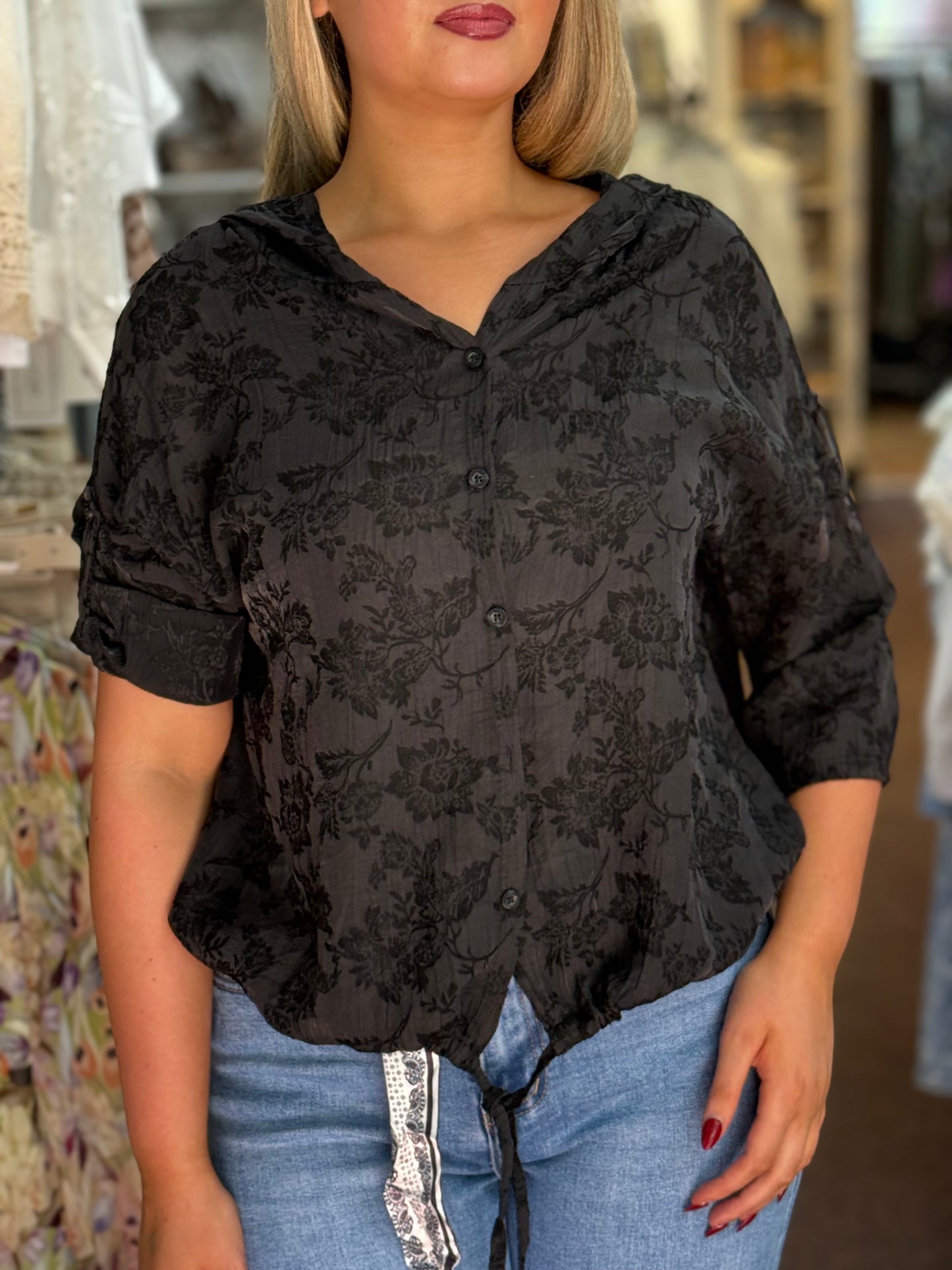 MYSIE-FLOCK PATT HOODY SHIRT TOP