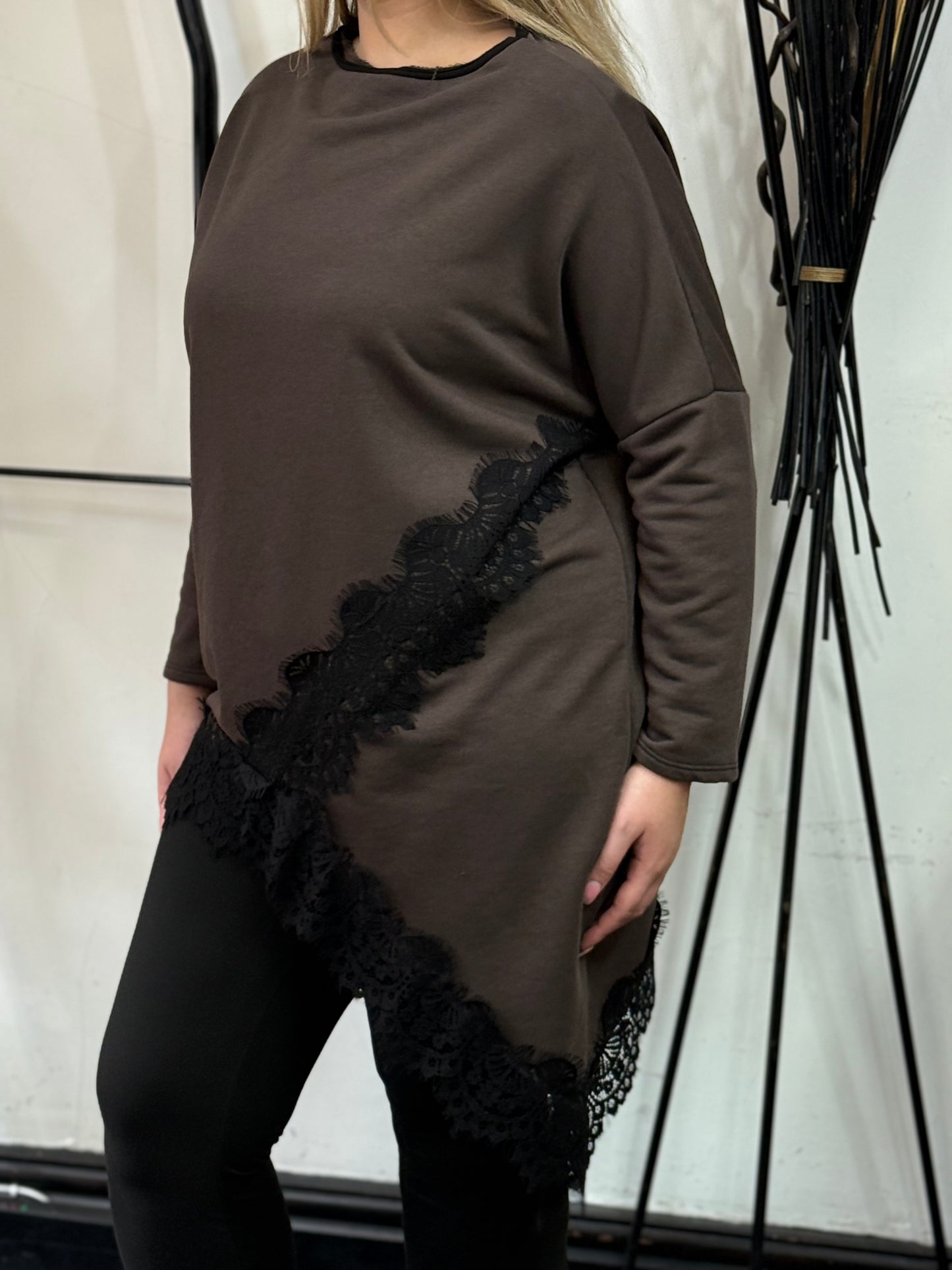 JAYE-ASSYMETRIC LACE TRIM SWEAT TOP