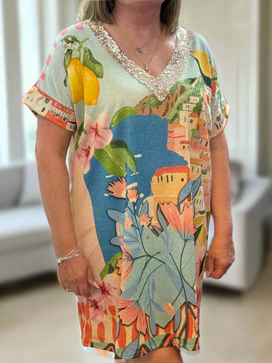 PALOMA- JEN V GOLD PRINT MIDI TUNIC DRESS