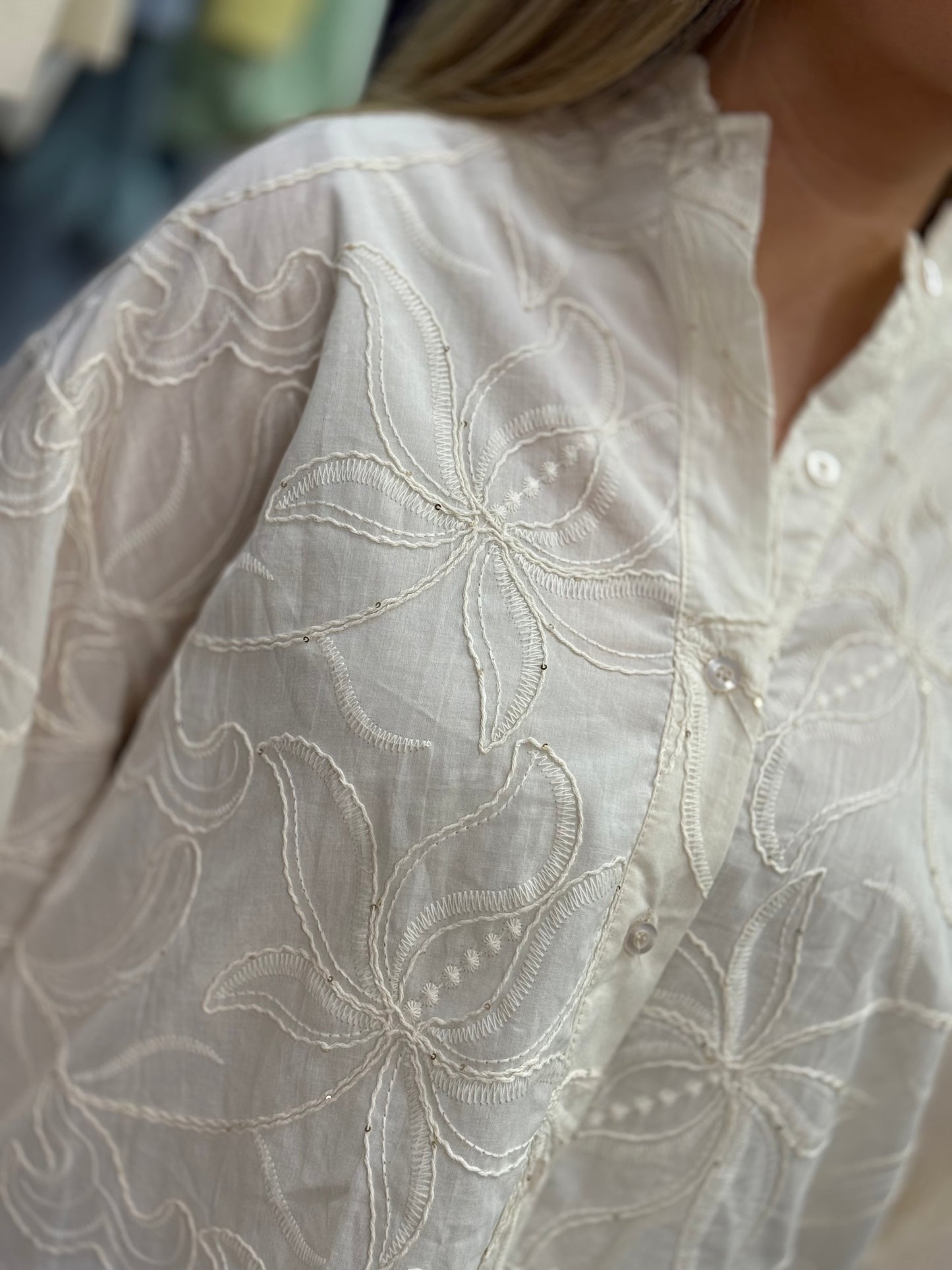 POPPY- FLOWER EMB GRANDAD COLLAR SHIRT