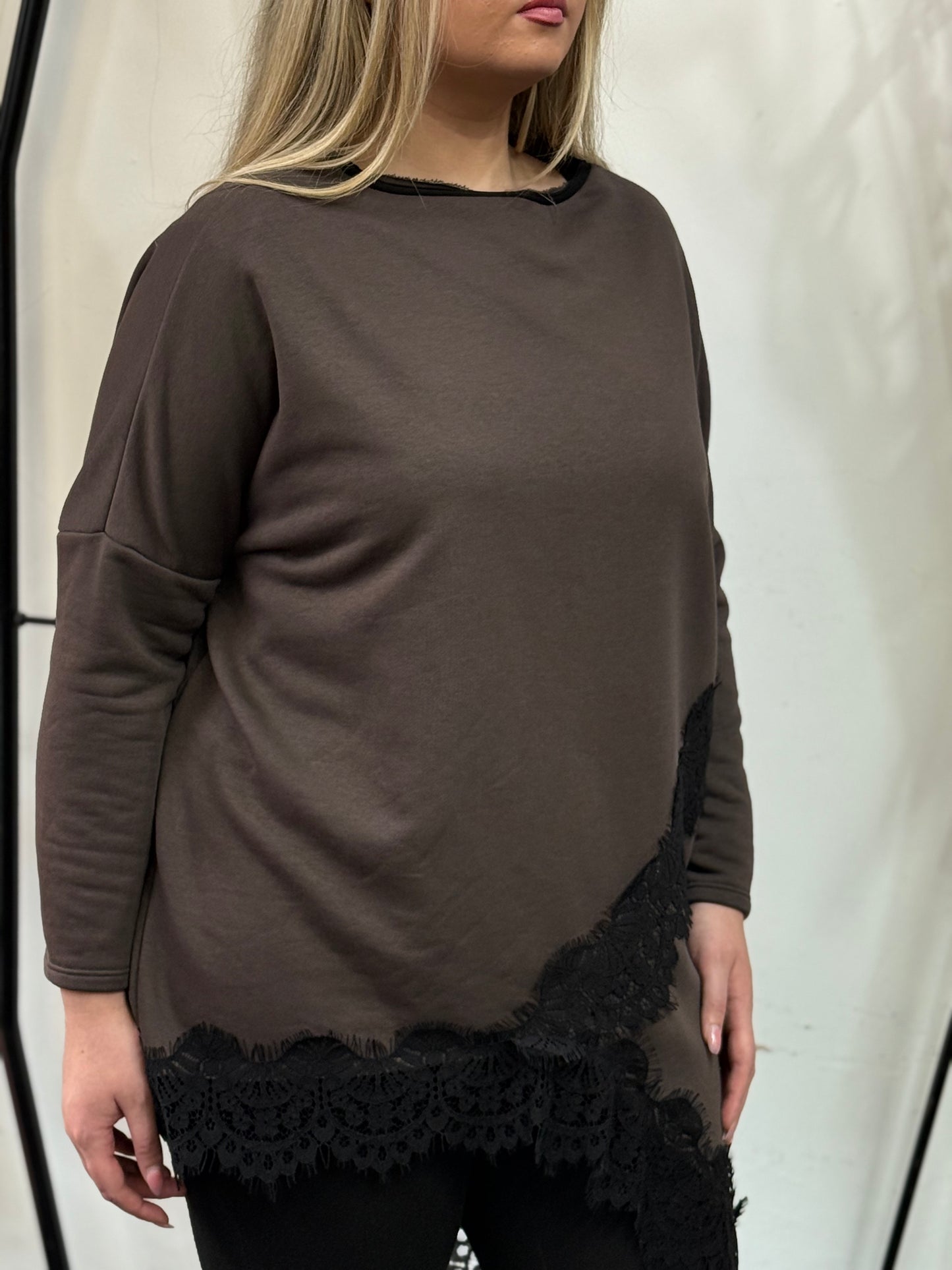 JAYE-ASSYMETRIC LACE TRIM SWEAT TOP