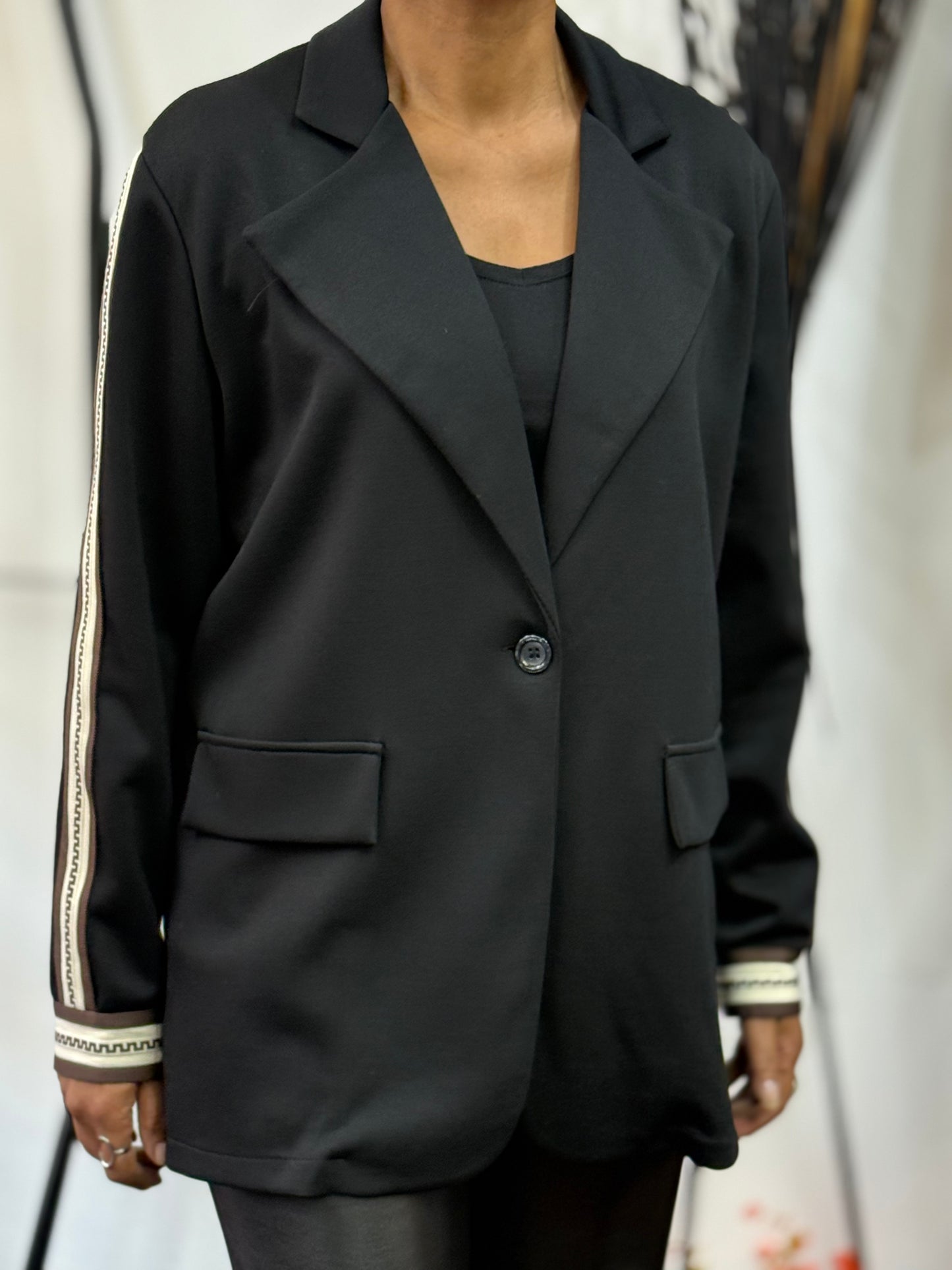 HALLIE-JERSEY SWEAT STRIPE TRIM BLAZER- -🖤 NOVEMBER BF20% off -AUTO XTRA 10% OFF@ CHECKOUT