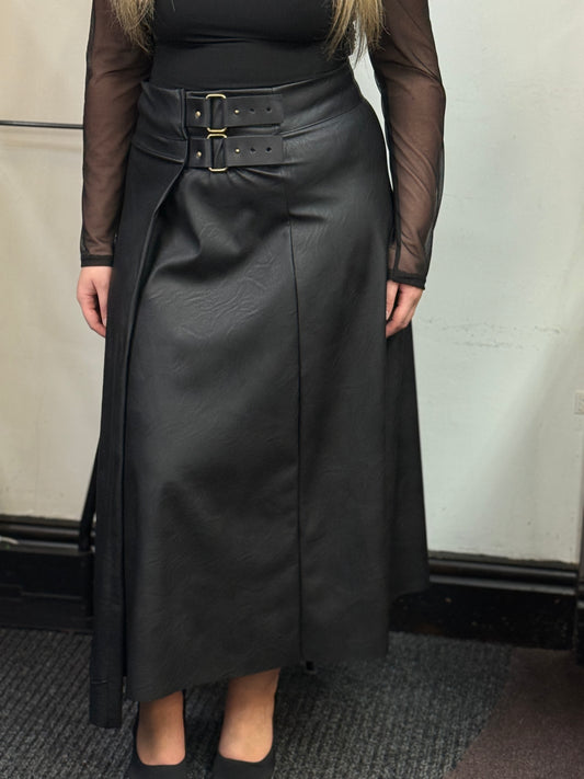 ZETA-BUCKE BELT WRAP SKIRT- VEGAN