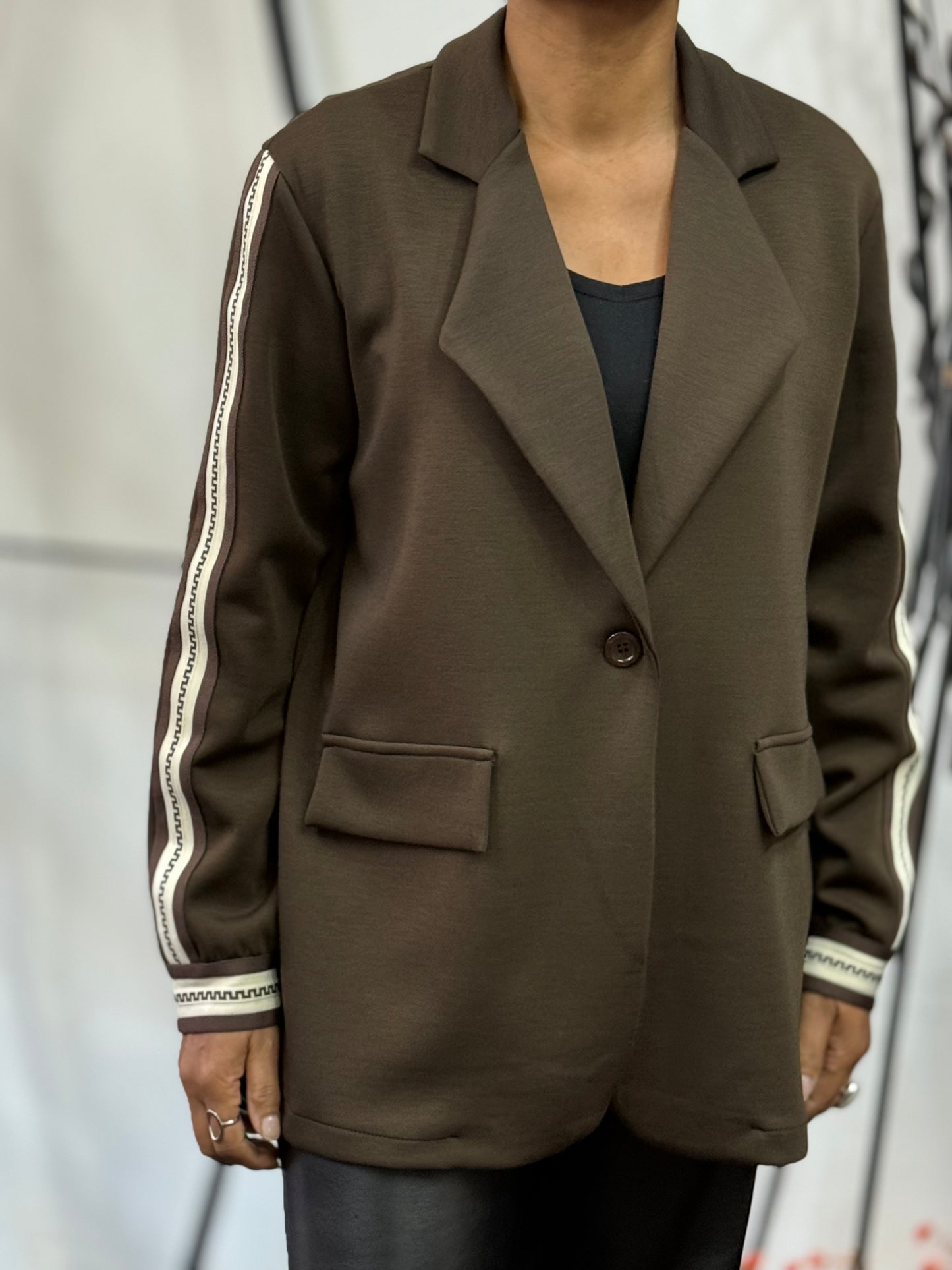 HALLIE-JERSEY SWEAT STRIPE TRIM BLAZER- -🖤 NOVEMBER BF20% off -AUTO XTRA 10% OFF@ CHECKOUT