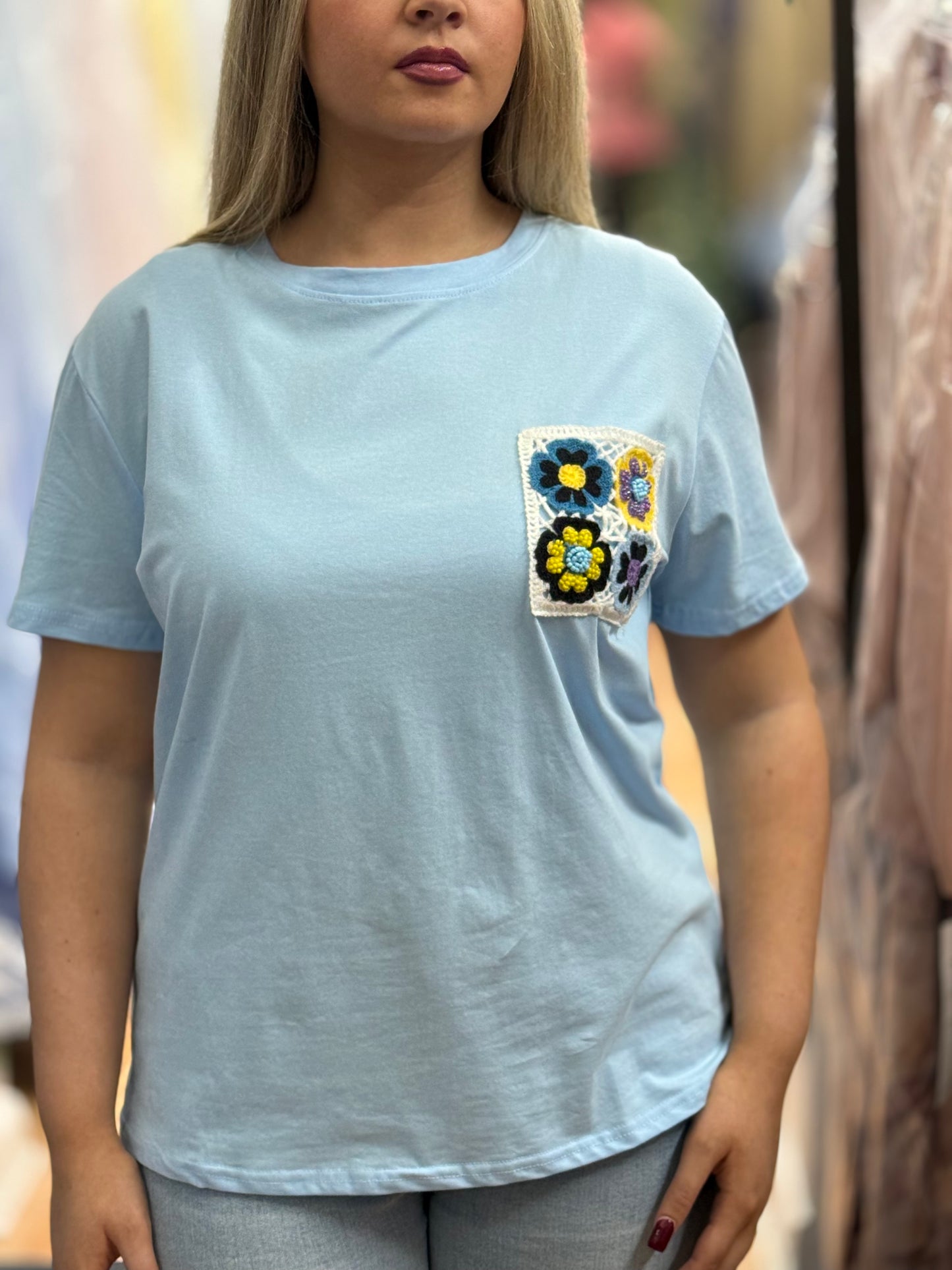 AVA- CROCHET FLOWER PKT TEE #SunshineSALE