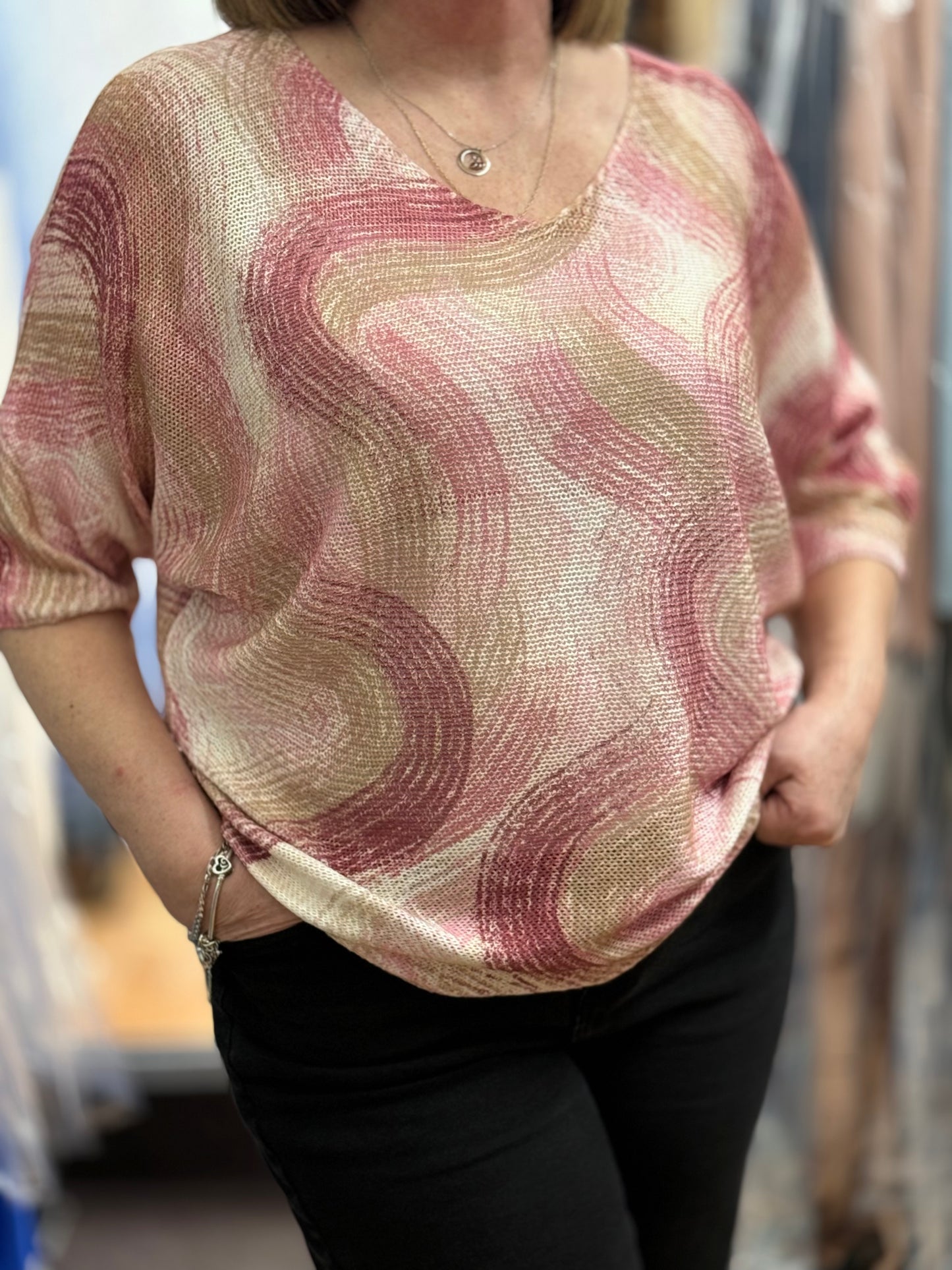 FABEN-O/S BATWING MESH KNIT TOP