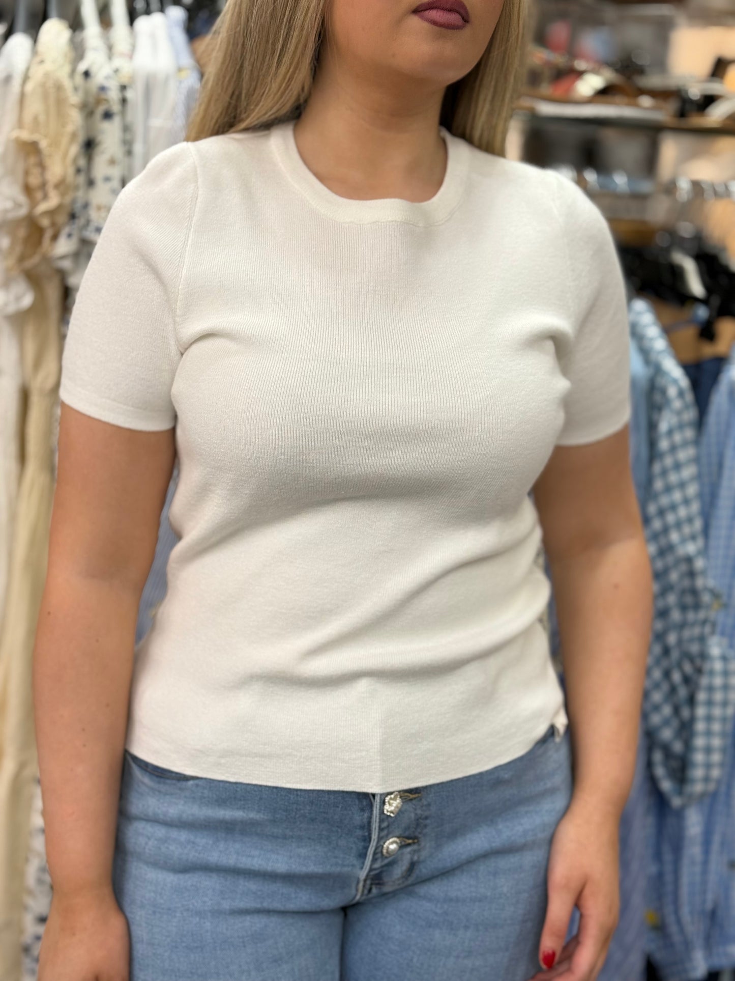 HEXI-S/SLV R/NECK KNIT TOP