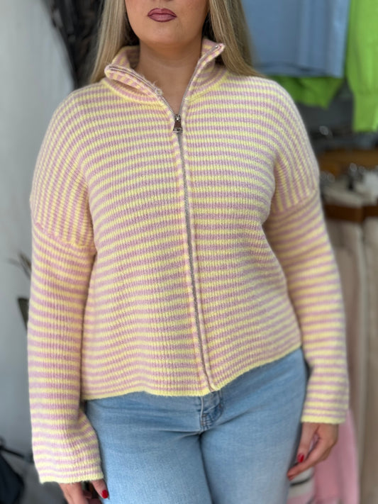 KENDAL-KNITTED STRIPE ZIPPED CARDI