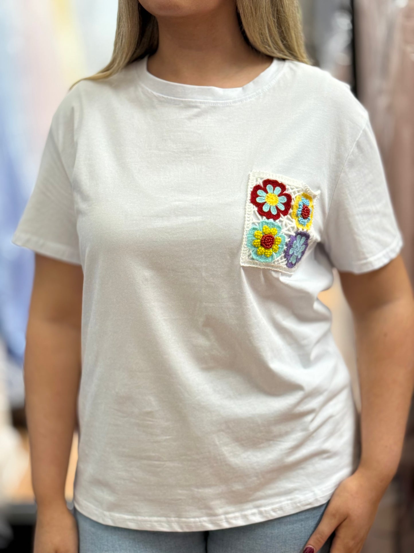 AVA- CROCHET FLOWER PKT TEE #SunshineSALE