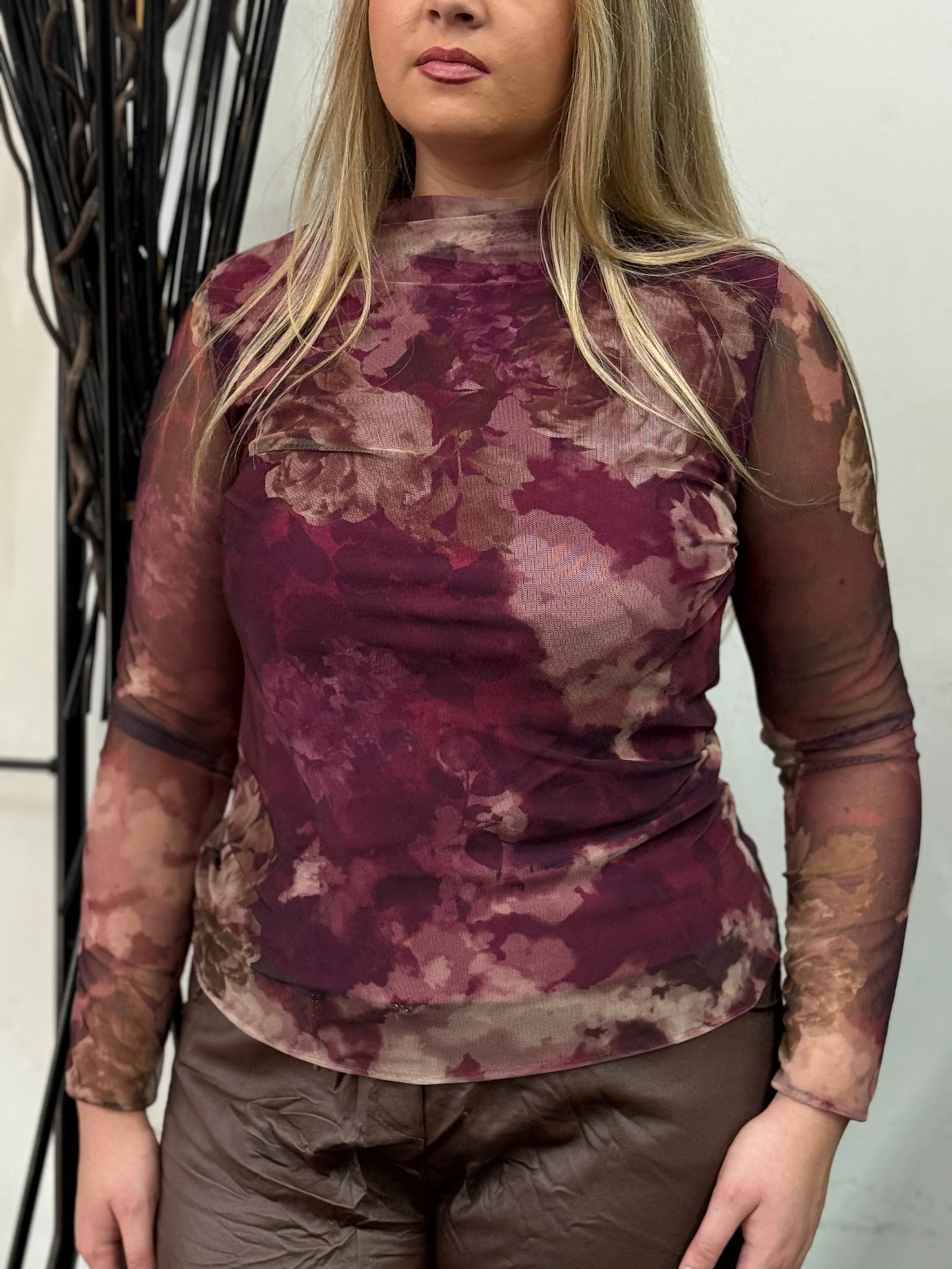 TANYA-FLOWER PRINT MESH TOP-ROSE-