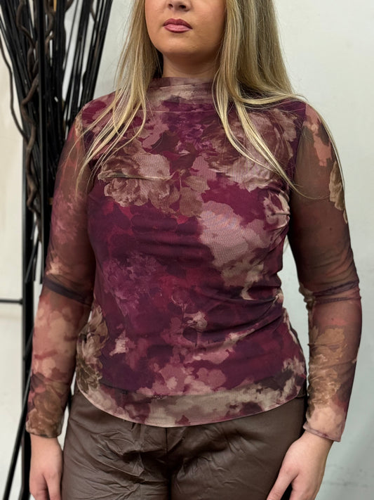 TANYA-FLOWER PRINT MESH TOP-ROSE-