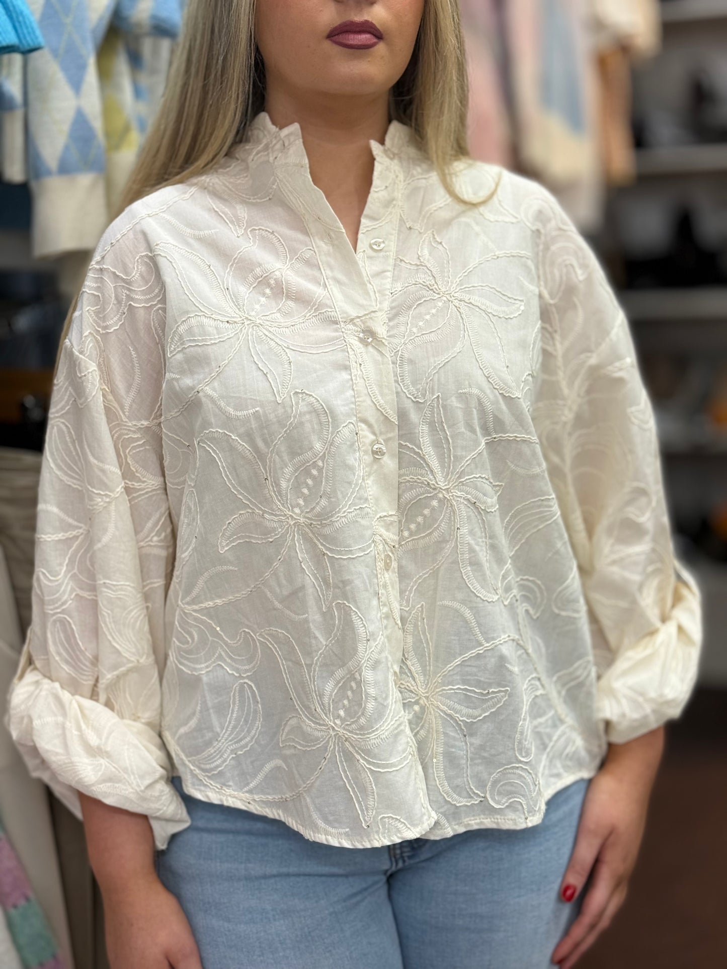 POPPY- FLOWER EMB GRANDAD COLLAR SHIRT