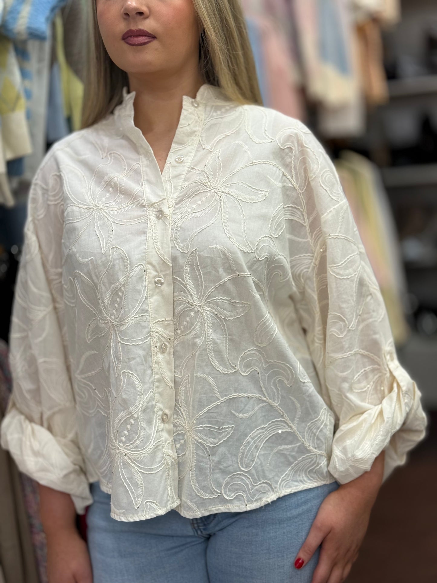 POPPY- FLOWER EMB GRANDAD COLLAR SHIRT