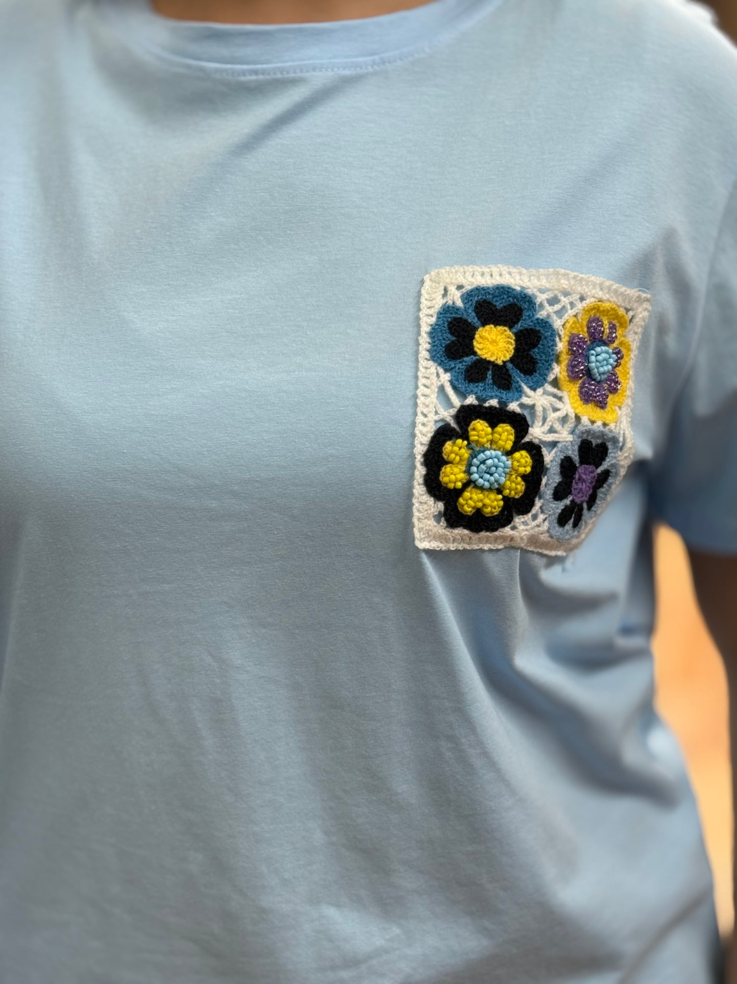 AVA- CROCHET FLOWER PKT TEE #SunshineSALE
