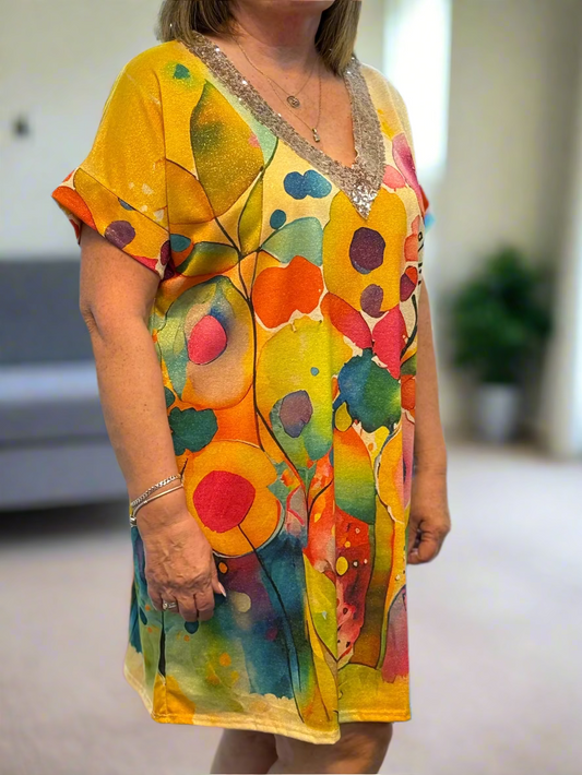 PALOMA- JEN V GOLD PRINT MIDI TUNIC DRESS