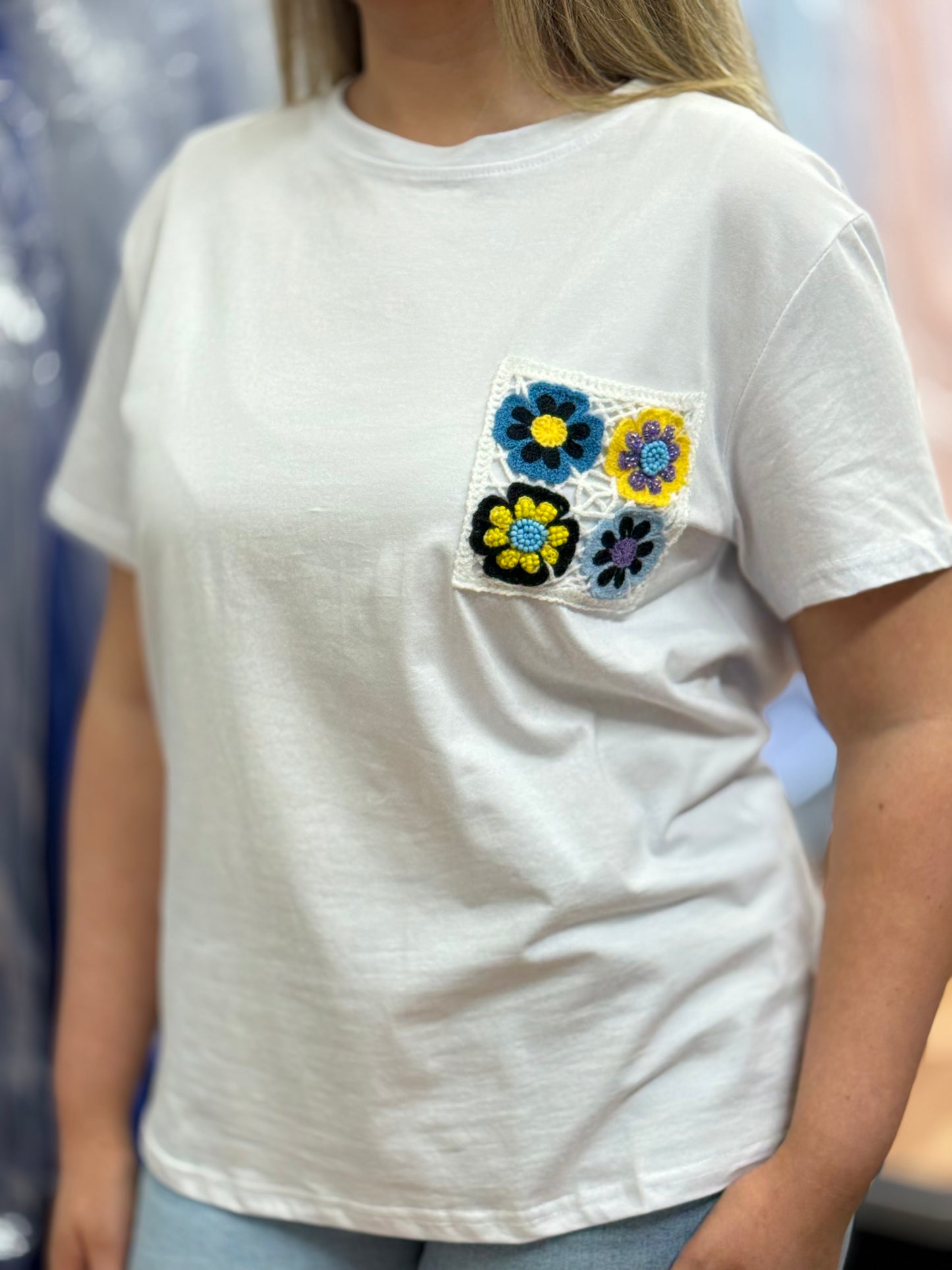 AVA- CROCHET FLOWER PKT TEE #SunshineSALE