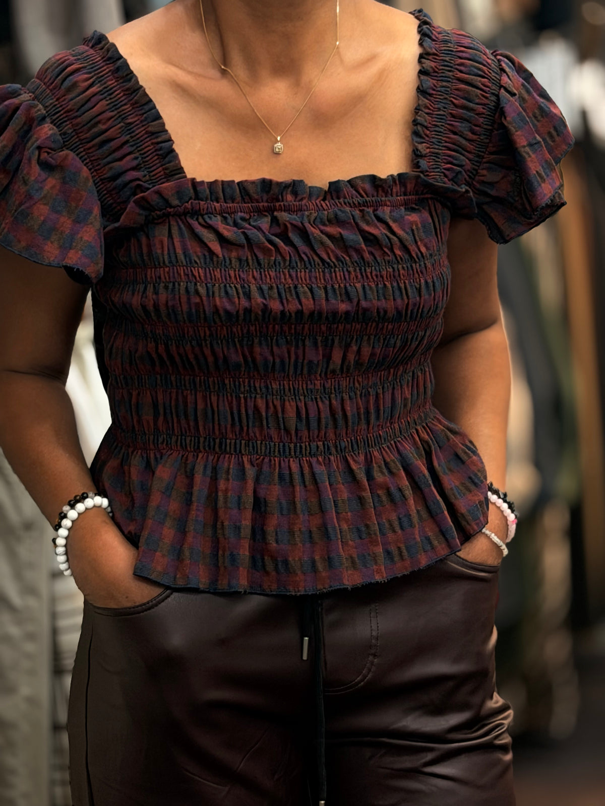 GINNY- ALI GINGHAM SHEARED BARDOT TOP
