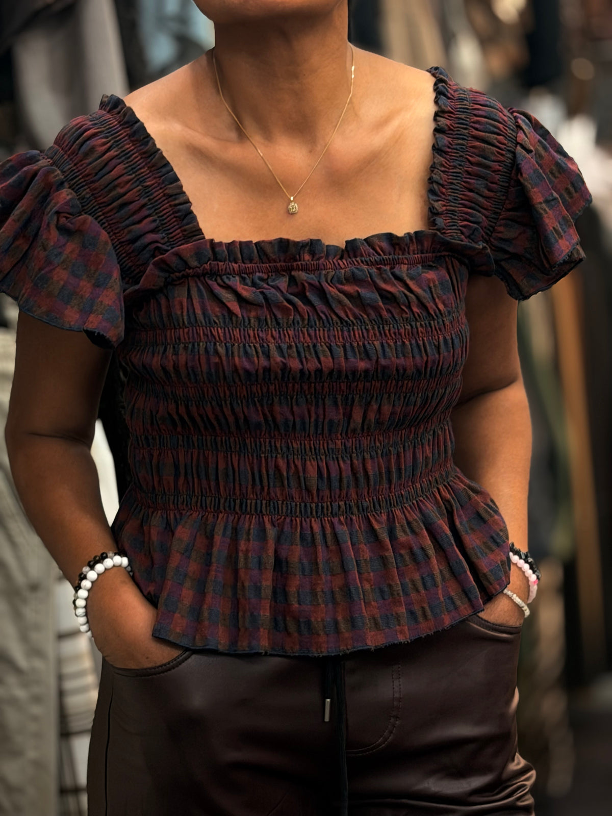 GINNY- ALI GINGHAM SHEARED BARDOT TOP