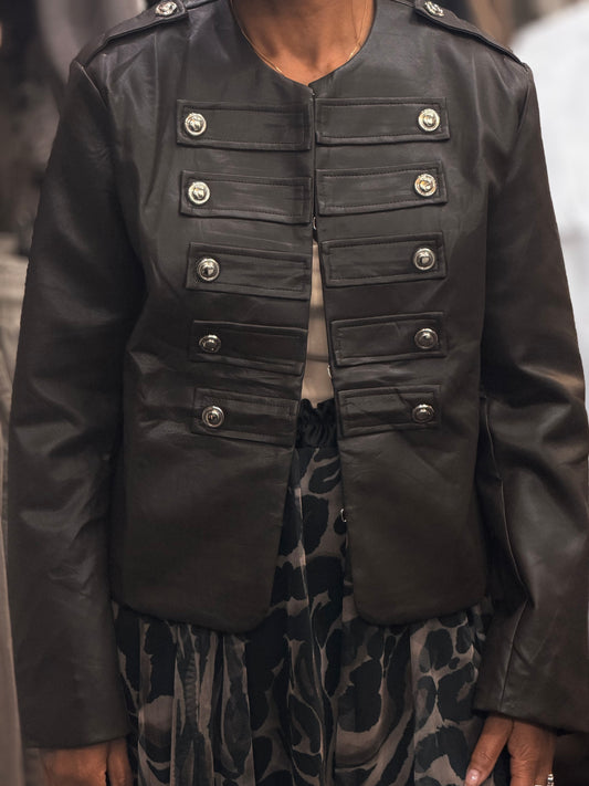 AUBREY- PU LEATHER COLLAR LESS MILITARY JACKET