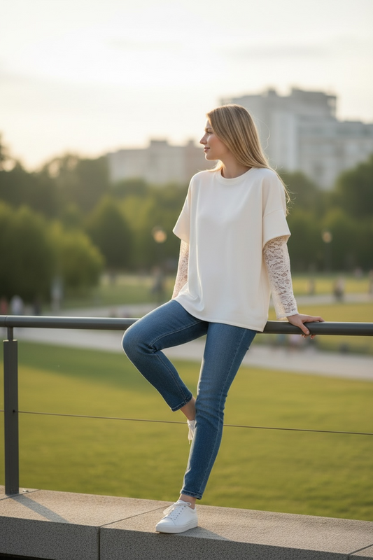 ALANA- LACE SLEEVE SCUBA SWEAT TOP