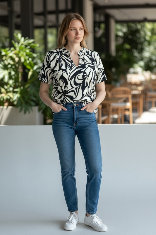 FRANSA- SEEN V TEE- NAVY LEAF