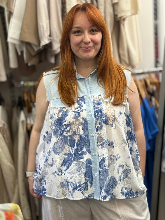 SANDY-PORCELAIN LACE DENIM W/C TOP CRV