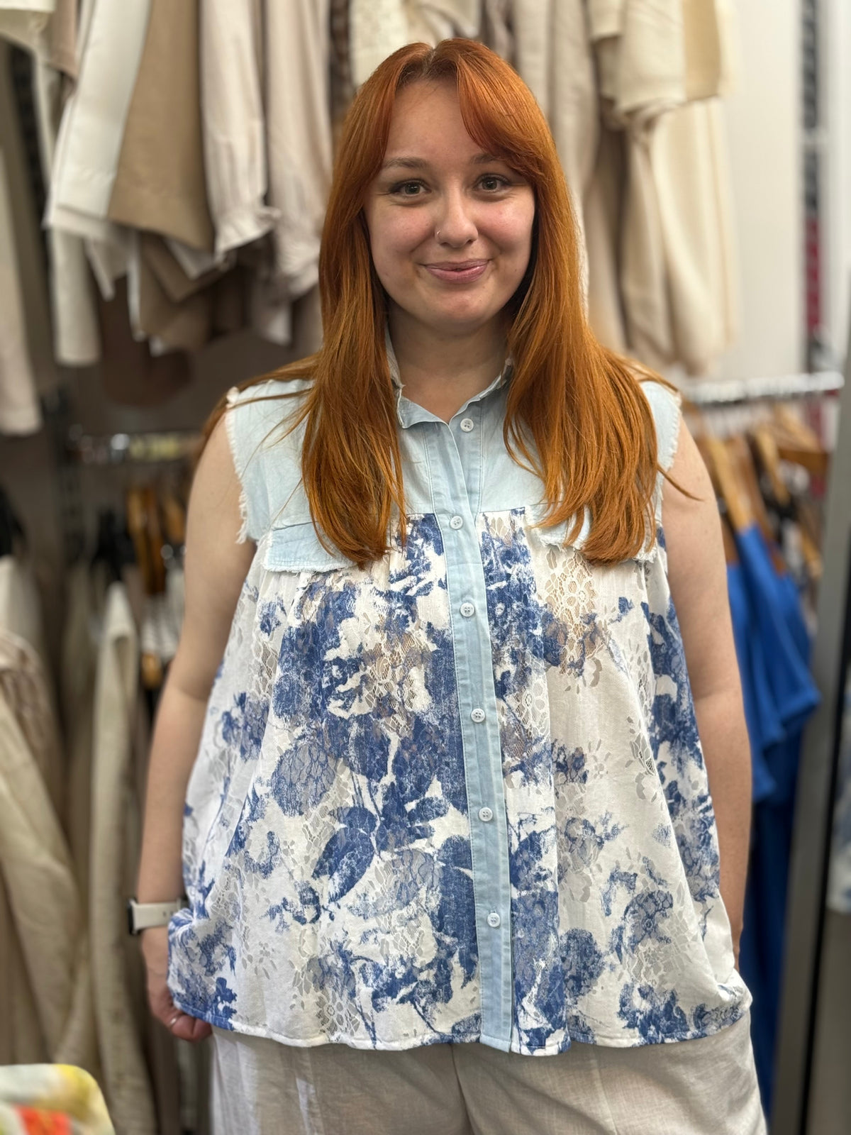 SANDY-PORCELAIN LACE DENIM W/C TOP CRV
