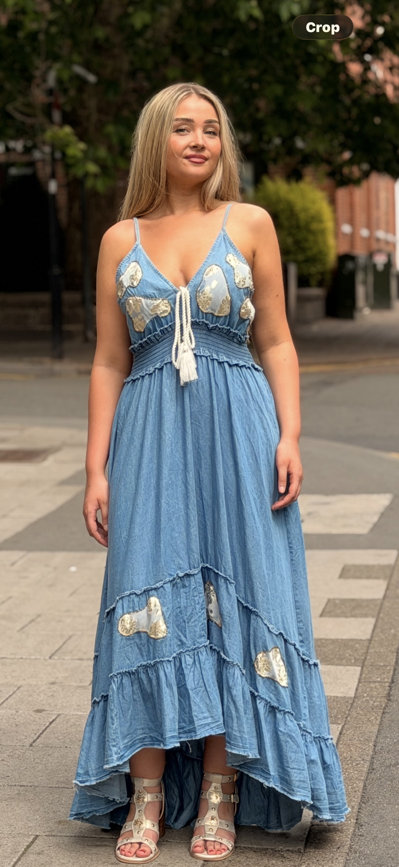 LUELLA-GOLD PATCH DENIM MAXI DRESS