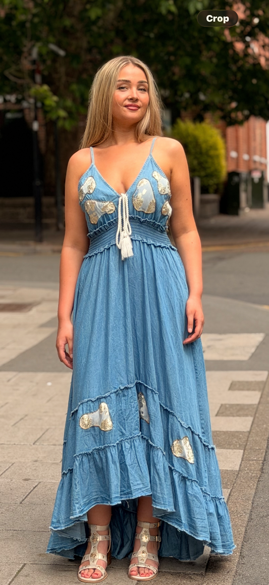 LUELLA-GOLD PATCH DENIM MAXI DRESS