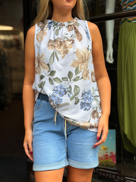 FAYE- FLORAL FRILL NECK S/LESS TOP