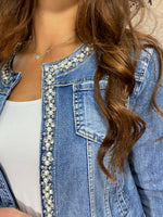 Load image into Gallery viewer, SEQUIN/PEARL DENIM JACKET-
