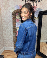 Load image into Gallery viewer, DARLA DISTRESSED DENIM JACKET- CURVE

