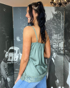Silk Lace Cami Vest Top-Khaki