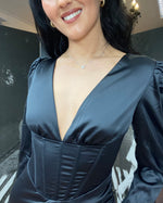 Load image into Gallery viewer, Chicago Corset Detail Dress - Black Satin - PARTY SALE now
