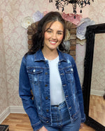 Load image into Gallery viewer, DARLA DISTRESSED DENIM JACKET- CURVE
